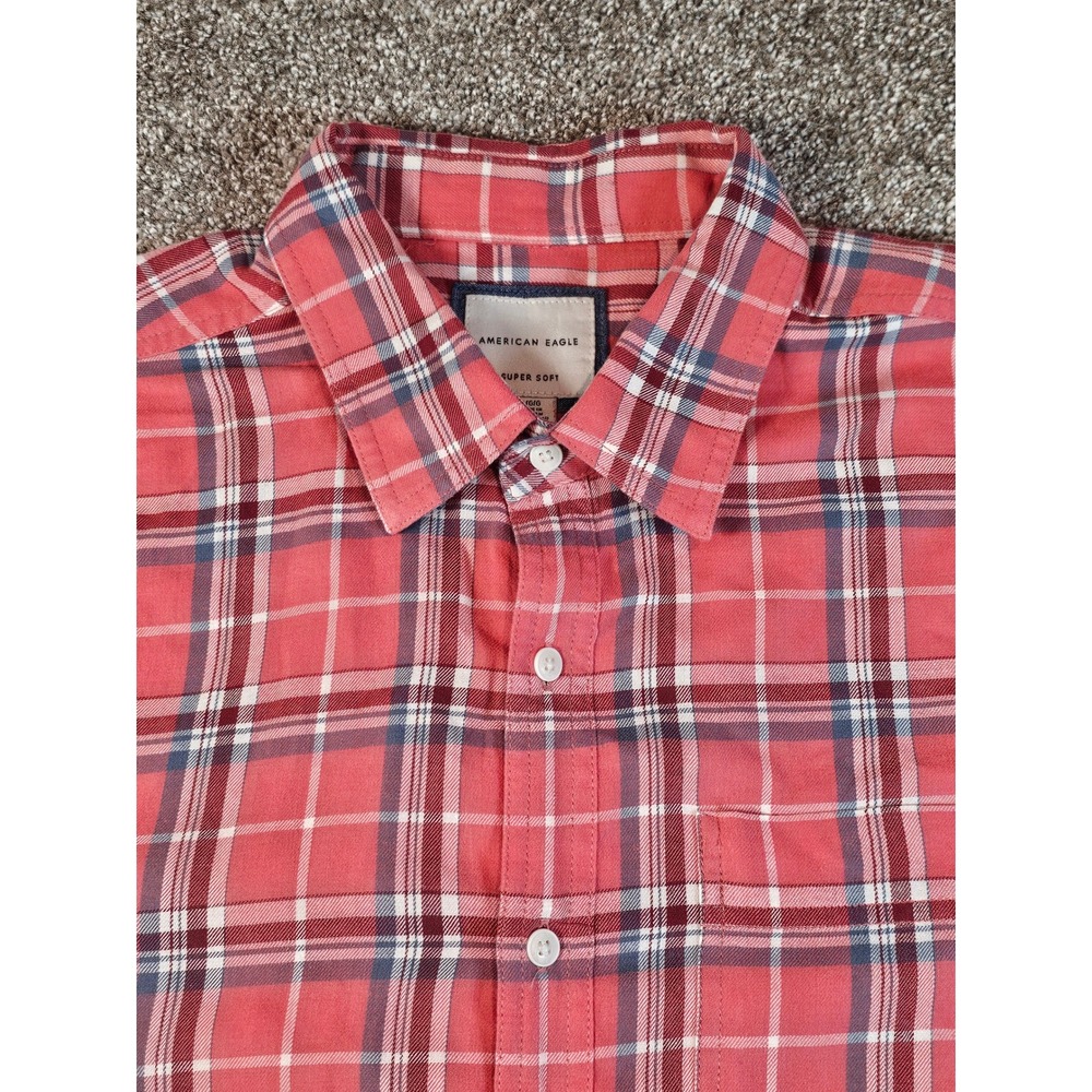 American Eagle Super Soft Coral Pink Plaid Flannel Button Down Shirt Mens Large